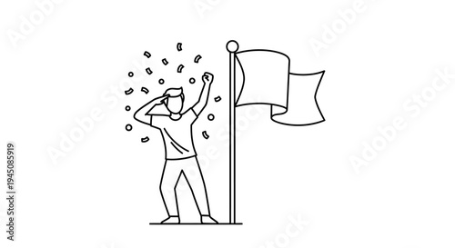 Man celebrating success with confetti and flag, achievement concept.