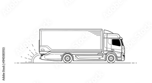 Line Art Truck Driving at Sunrise, Logistics and Delivery Concept