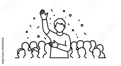 Man raising hand in crowd, celebrating success, voting, or asking question, diverse people background