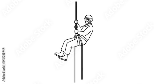 Man rappelling down a pole with safety equipment, industrial safety training, vertical descent