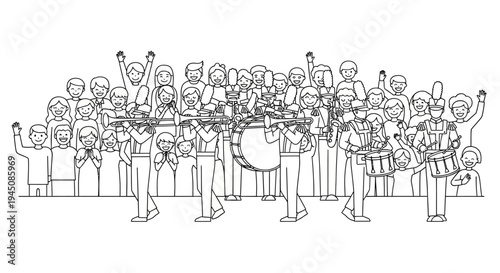 Marching Band Performance with Cheering Crowd Outline Drawing