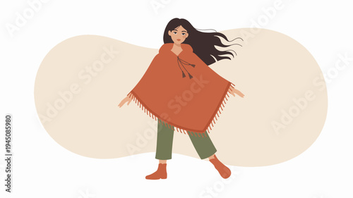 Woman wearing orange poncho walking with long hair and green pants on white background