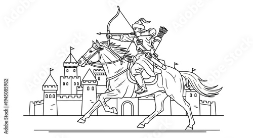 Medieval Archer on Horseback Attacking Castle - Line Art Illustration
