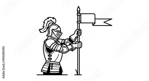 Medieval Knight Holding Flag Banner, Vintage Line Art Illustration