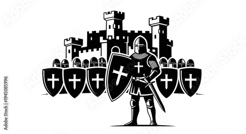 Medieval Knight Guarding Castle with Sword and Shield, Knights in Formation
