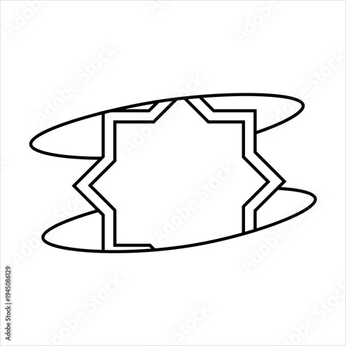 Abstract black outline drawing of an eight-pointed star or octagram shape contained between two horizontal elliptical forms, creating a unique geometric design.