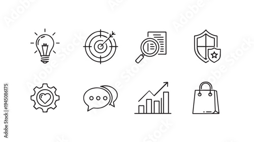 Business Icons Set: Idea Target Search Shield Gear Chat Growth Shopping BagVector Graphics