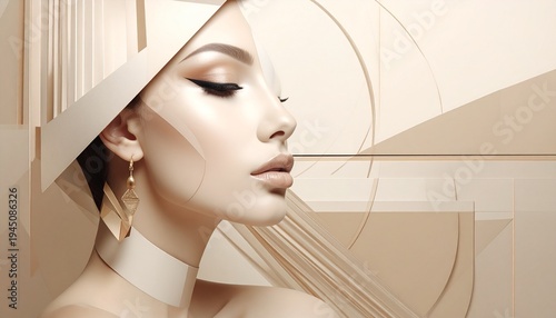Elegant woman profile portrait in neutral tones with geometric background