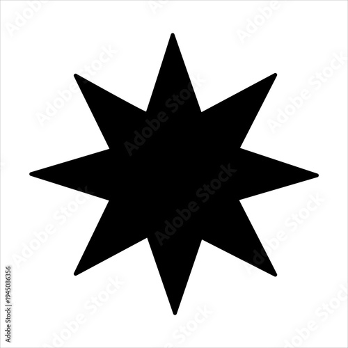 A simple, bold, black eight-pointed star shape on a white background, representing a geometric design.