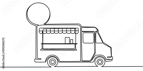 Continuous one line street food truck kiosk minimal outline vector