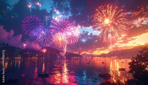 Fireworks display over water at sunset illuminating the night sky