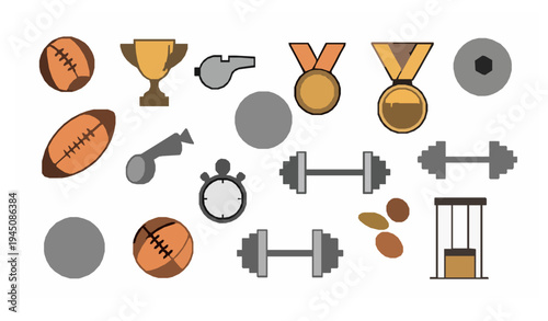 Sports fitness icon collection balls trophies and gym equipment vector set