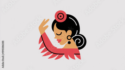 Woman in traditional flamenco dress dancing with raised hand and red flower in hair on gray background