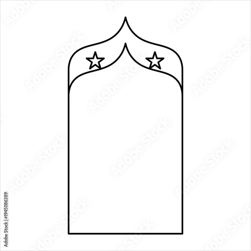 Simple line art illustration of an Islamic-style archway or mihrab with two stars integrated into its decorative upper curves, on a white background.