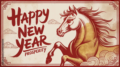 Happy new year prosperity horse illustration with red text and ornate border design