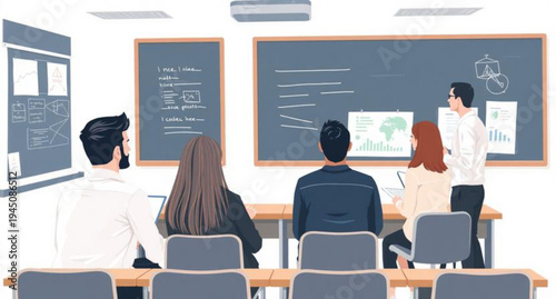 A diverse group of students and their teacher engage in a collaborative learning seminar within a modern classroom office, utilizing computers for a professional business training presentation