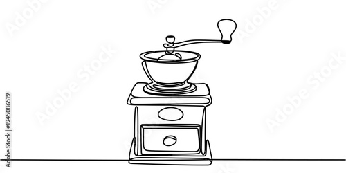 Continuous one line manual coffee grinder minimal kitchen outline illustration