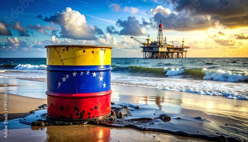 Oil barrel on sandy beach with offshore drilling platform background