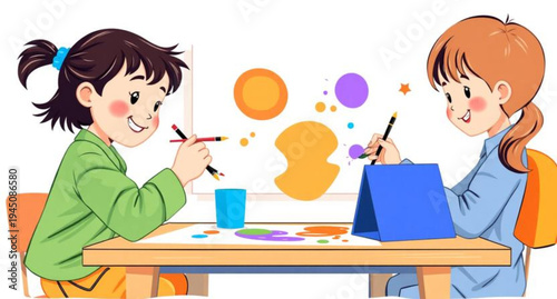 A smiling woman teacher helping school children with a book and board drawing in a vector cartoon illustration for education