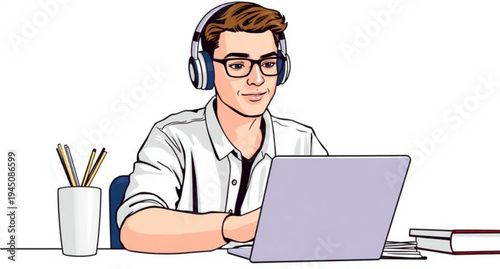 A smiling male customer service representative wearing a headset sits at an office desk working on a laptop computer in a professional business environment
