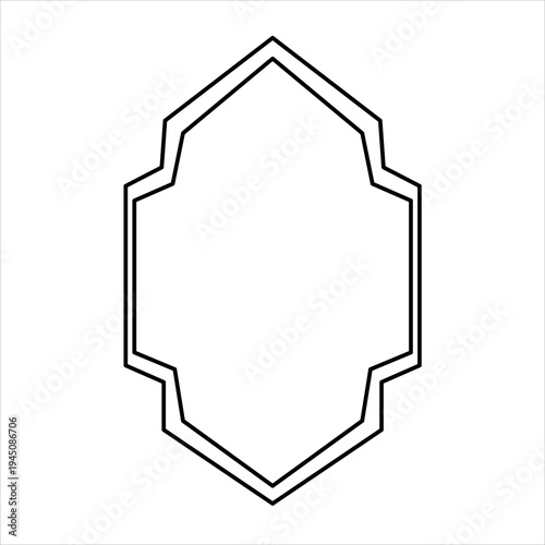 Φωτογραφία A stylized, geometric, symmetrical, outlined hexagonal frame with sharp angles and curved indentations, presented in a simple black and white graphic