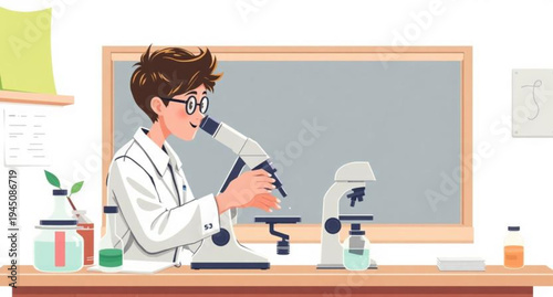 A female scientist in a lab coat works on a medical experiment at a computer desk within a professional hospital laboratory illustration vector