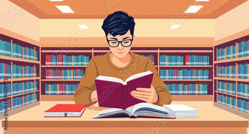 A smiling young woman and a teenage boy study together in a university library, reading literature and using a laptop near bookshelves to gain knowledge for their college education