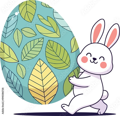 A cartoon bunny happily pushing a large decorated Easter egg with green and yellow leaves on a white background