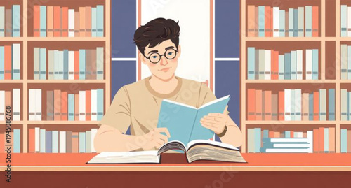 A young male student with glasses sits at a library desk reading a book and studying near a laptop and bookshelves to gain knowledge for his university education