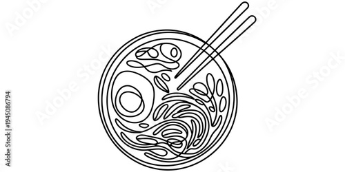 Continuous one line ramen noodle bowl with chopsticks minimal illustration