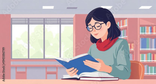 A smiling young businesswoman sits at her office desk, looking like a focused college student as she balances business working tasks with studying a book for her education