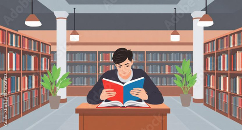 Young woman student sitting in a library reading books and studying for her education