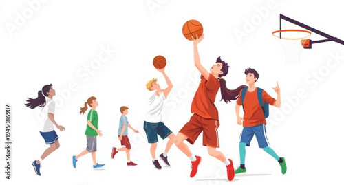 Girls basketball players jumping and playing with a ball in a sport game vector illustration