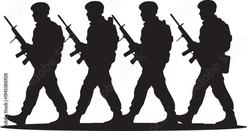 Black silhouettes of soldiers walking with rifles