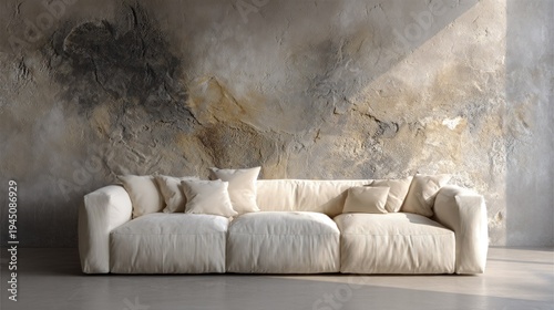 Modern cream sofa against textured wall with sunlight and copy space