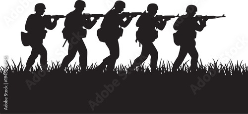 Black silhouettes of soldiers with guns walking through grass