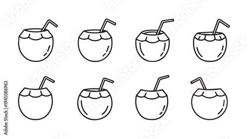 Coconut Drinks with Straws Simple Line Art Icons Set Tropical Refreshment