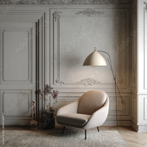 Elegant living room interior with armchair lamp and decorative wall panels