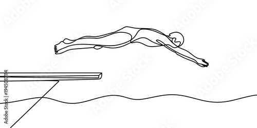 Continuous one line swimmer diving into pool minimal sport illustration