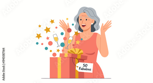 50 Fabulous Woman Surprise Gift Unboxing Birthday Flat Vector