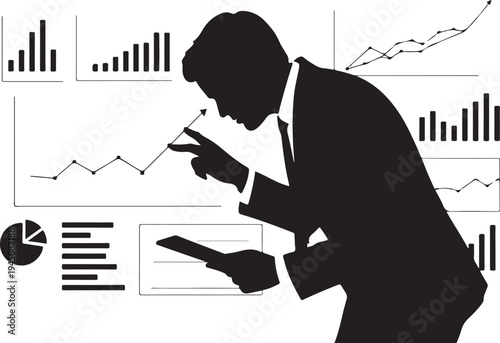 Businessman analyzing financial charts and graphs silhouette