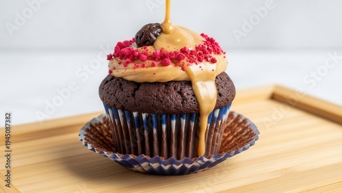 A chocolate cupcake with caramel frosting and red sprinkles on a wooden tray