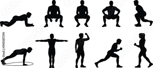 Black silhouette illustration of people including woman man girl and boy running jumping and doing exercise in active sport poses