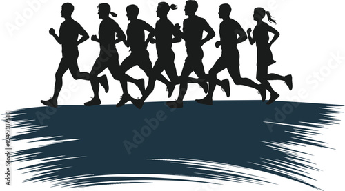Silhouettes of a group of seven people running forward together above a dark blue stylized brushstroke
