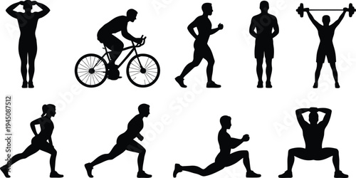 Black silhouette illustration of people including woman man girl and boy running jumping and doing exercise in active sport poses