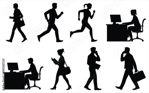 Silhouettes of people walking talking and working at desks