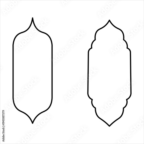 Two distinct Islamic architectural window frame designs, one with a simple elongated arch and the other with a more ornate, scalloped outline, both in black and white.
