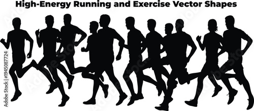 A dynamic group of black silhouette runners engaged in high energy exercise on a white background