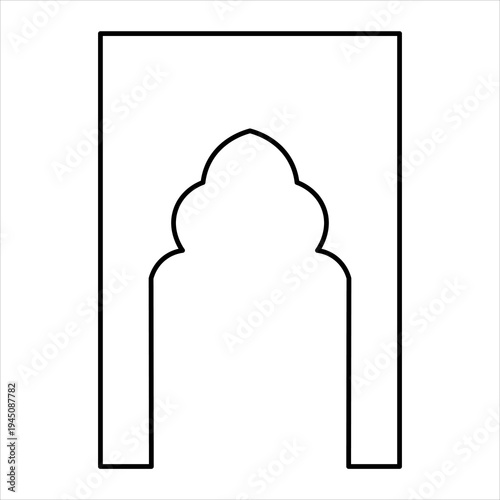 An architectural drawing of a pointed archway with decorative cusps, set within a rectangular frame.