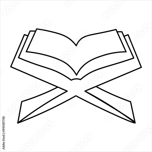 A simple black and white line drawing of an open book resting on a wooden stand.